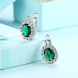 Colambian Emerald and round cut small Diamonds prong set earring 